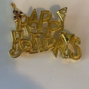 Vintage Happy Holidays Christmas New Year’s Eve Brooch